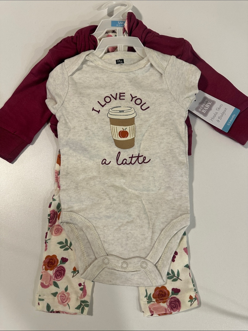 Hudson Baby Cream & Burgundy Hoodie, Pants & Bodysuit Set